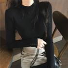 Plain Long-sleeve Slim-fit Top / Faux-leather Skirt