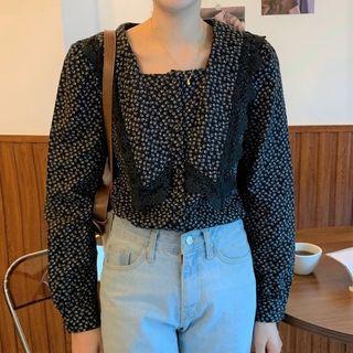 Long-sleeve Floral Print Corduroy Blouse Black - One Size