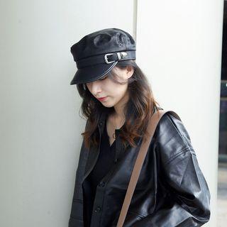 Faux Leather Belt Military Cap Black - One Size