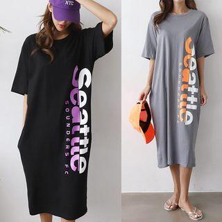 Pocket-side Letter Long T-shirt Dress