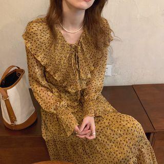 Ruffled Puff-sleeve Floral Print A-line Dress
