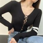 Lace-up Skinny Crop Knit Top