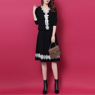 Set: Lace Trim Bow Sweater + Midi A-line Knit Skirt
