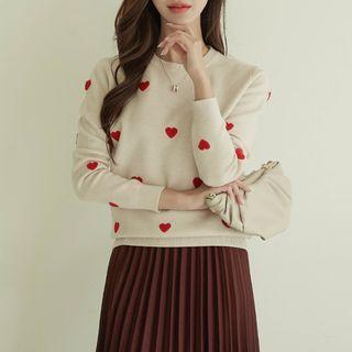 Crew-neck Heart-pattern Knit Top