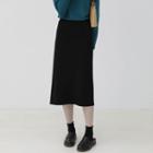 High-waist Plain Knit A-line Midi Skirt Black - One Size