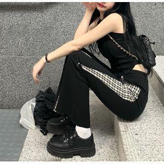 Plaid Panel High-waist Boot-cut Pants