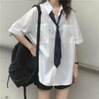 Set: Plain Loose-fit Short-sleeve Shirt + Tie White - One Size