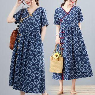 Print V-neck Chinese Knot Button Medium Maxi Dress
