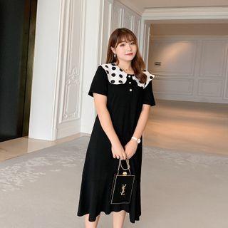 Short-sleeve Dotted Collar Midi A-line Dress