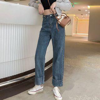 Plain High-waist Shift Denim Wide-leg Pants