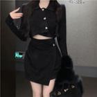 Set: Plain Crop Shirt + Asymmetrical Mini Pencil Skirt Black - One Size