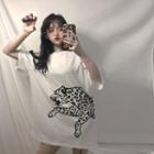 Elbow-sleeve Leopard Print Oversized T-shirt