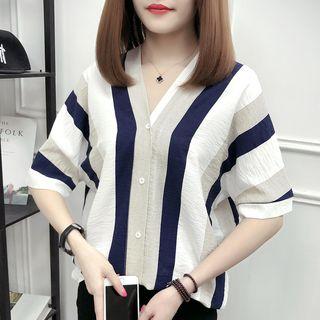 Striped V-neck Short Sleeve Shirt