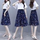 Set: Short-sleeve Chiffon Top + Floral Print A-line Skirt