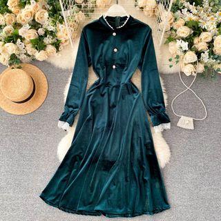 Round-neck Lace Long-sleeve Velvet Dress