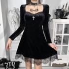 Long-sleeve Square-neck Cross Lace Trim A-line Dress