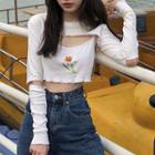 Set: Floral Embroidered Camisole Top + Long-sleeve Cropped T-shirt White - One Size