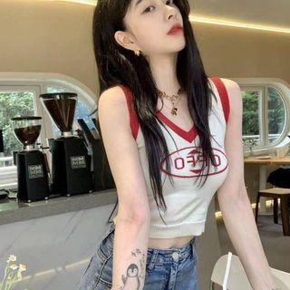 Lettering Knit Tank Top / Denim Mini Pencil Skirt