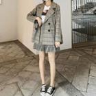Set: Plaid Double-breasted Blazer + High-waist Mini A-line Skirt