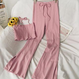 Set: Cropped Halter Top + Wide-leg Knit Pants
