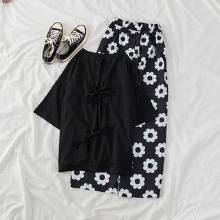 Tie-back Short Sleeve Top / Flower Print Wide-leg Pants