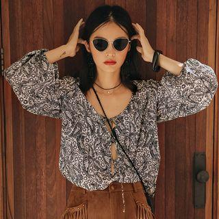 Paisley Print Lace-up Blouse As Shown In Figure - One Size