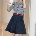 3/4-sleeve Pinstriped Panel A-line Dress