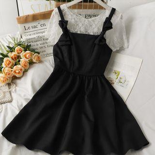 Sheer Lace Top / Ribbon-accent Sleeveless Midi Dress