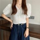 Short-sleeve Faux Pearl Bow Blouse