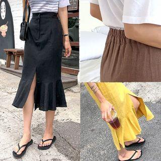 Band-waist Ruffle-hem Linen Blend Skirt