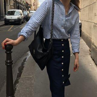Striped Shirt / Buttoned Midi Straight-fit Skirt