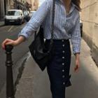 Striped Shirt / Buttoned Midi Straight-fit Skirt