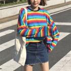Color-block Striped Long-sleeve Loose-fit T-shirt As Figure - One Size