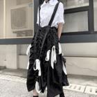 Elbow-sleeve Shirt / Crinkled Midi A-line Suspender Skirt