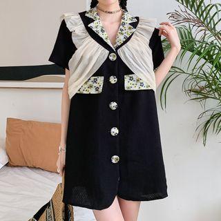 Short-sleeve Floral Panel Ruffle Mini Blazer Dress