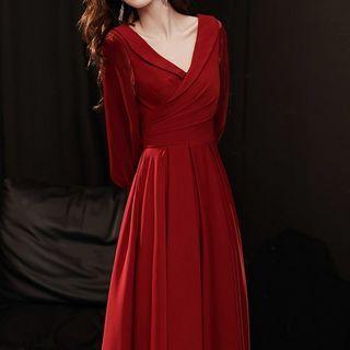 Long-sleeve V-neck Midi A-line Cocktail Dress
