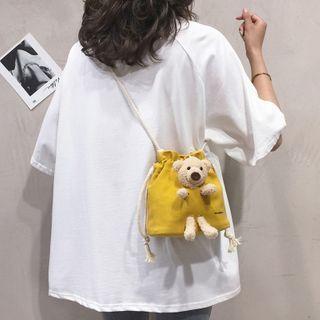 Bear Accent Drawstring Canvas Bucket Bag