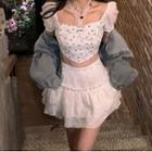 Puff-sleeve Floral Cropped Blouse / Mini A-line Skirt