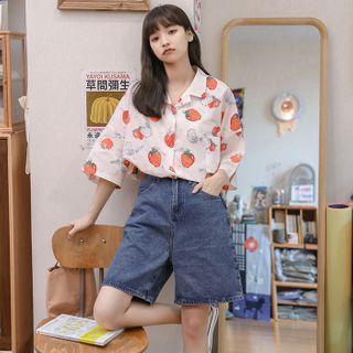 Strawberry Print Elbow-sleeve Blouse As Shown In Figure - One Size