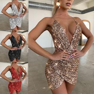 Sequined Spaghetti-strap V-neck A-line Mini Dress