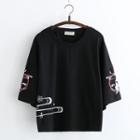 Cat Printed 3/4-sleeve T-shirt Black - One Size