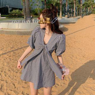 Gingham Bow Short-sleeve Mini A-line Dress