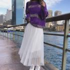 Set: Striped Sweater + Layered Maxi Mesh Skirt Sweater - Purple - One Size / Skirt - White - One Size