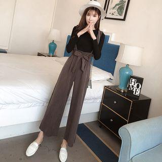 Long-sleeve Knit Top / Cropped Wide-leg Suspender Pants / Set