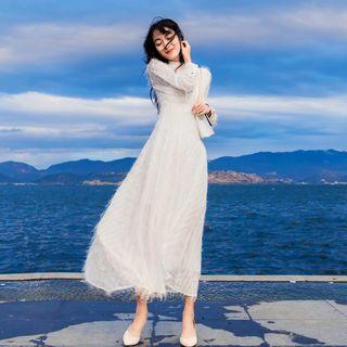 Feather Accent Long-sleeve Maxi A-line Dress