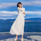 Feather Accent Long-sleeve Maxi A-line Dress