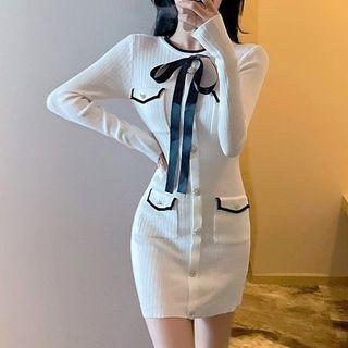 Long-sleeve Ribbon Accent Knit Mini Sheath Dress