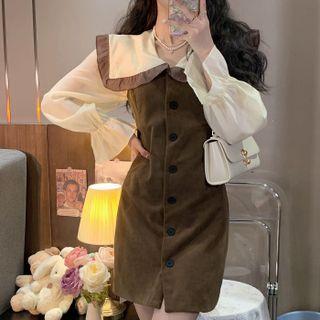 Mock Two-piece Flared-cuff Single-breasted Corduroy Mini Dress