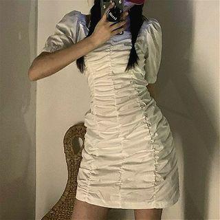 Square-neck Ruched Puff-sleeve Dress