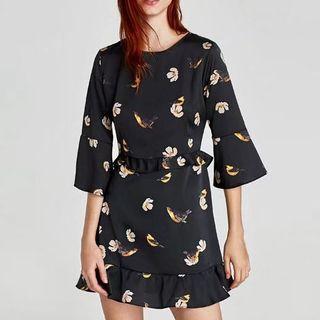 3/4 Sleeve Frill Floral Print Sheath Dress